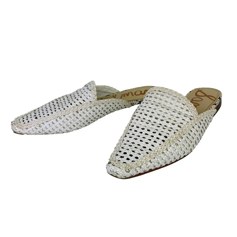 Sam Edelman Elva Mules Slip On Flats Woven Leather Cream Pointed Toe Slides 7
